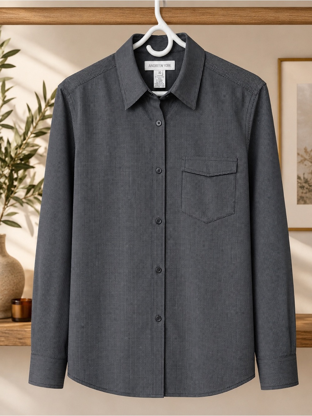 Jones New York 100% Silk Gray Micro Check Button Front Blouse Size 10